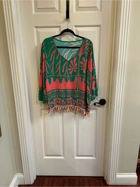 Yolly made in Italy Green & Coral Boho V-Neck Tassel top